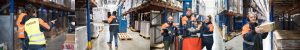 Panoramique de plusieurs scènes d'employés de U LOGISTIQUE en gilets de sécurité travaillant dans un entrepôt. On y voit des personnes consultant des documents, manœuvrant un chariot élévateur, et manipulant des colis, le tout dans un environnement d'entrepôt avec des allées de rayonnages.